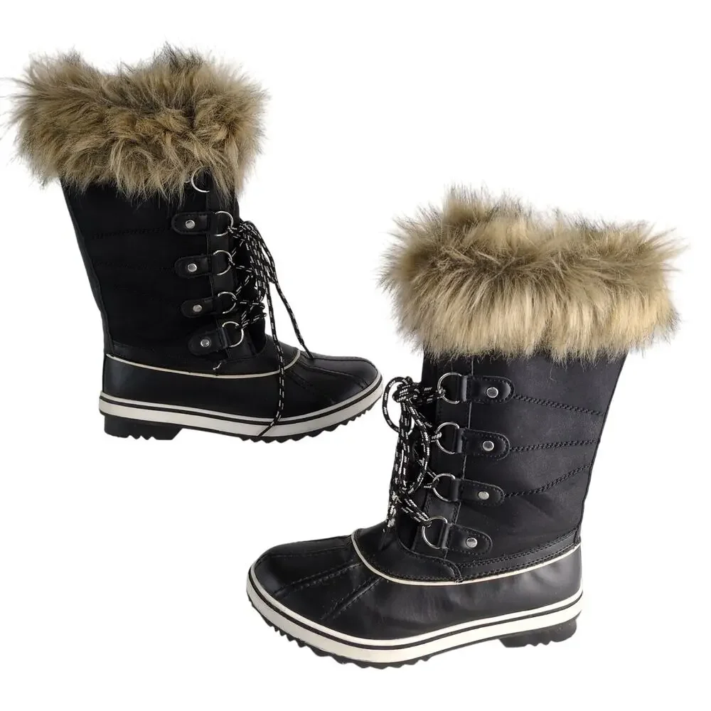 Globalwin Women's 8 Faux Fur Trimmed Insulated Quilted Winter Snow Boots Black
